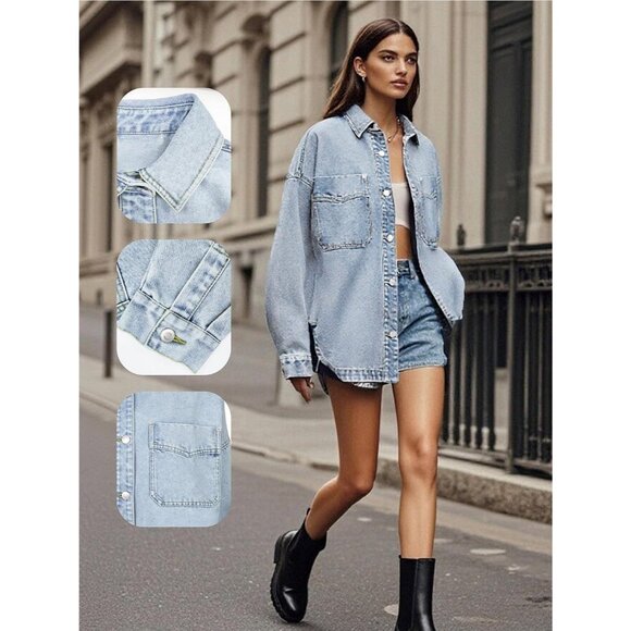 Women's Denim Jacket Wash Jean Jacket Coats With Pockets Oversized Light Blue - Picture 7 of 7